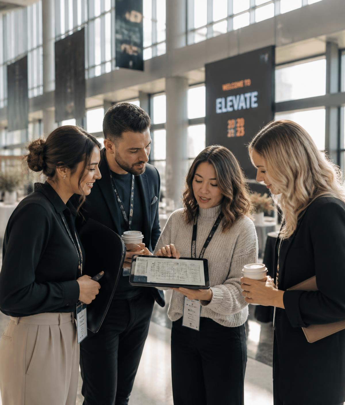 Event planners reviewing a floor plan before an event opens